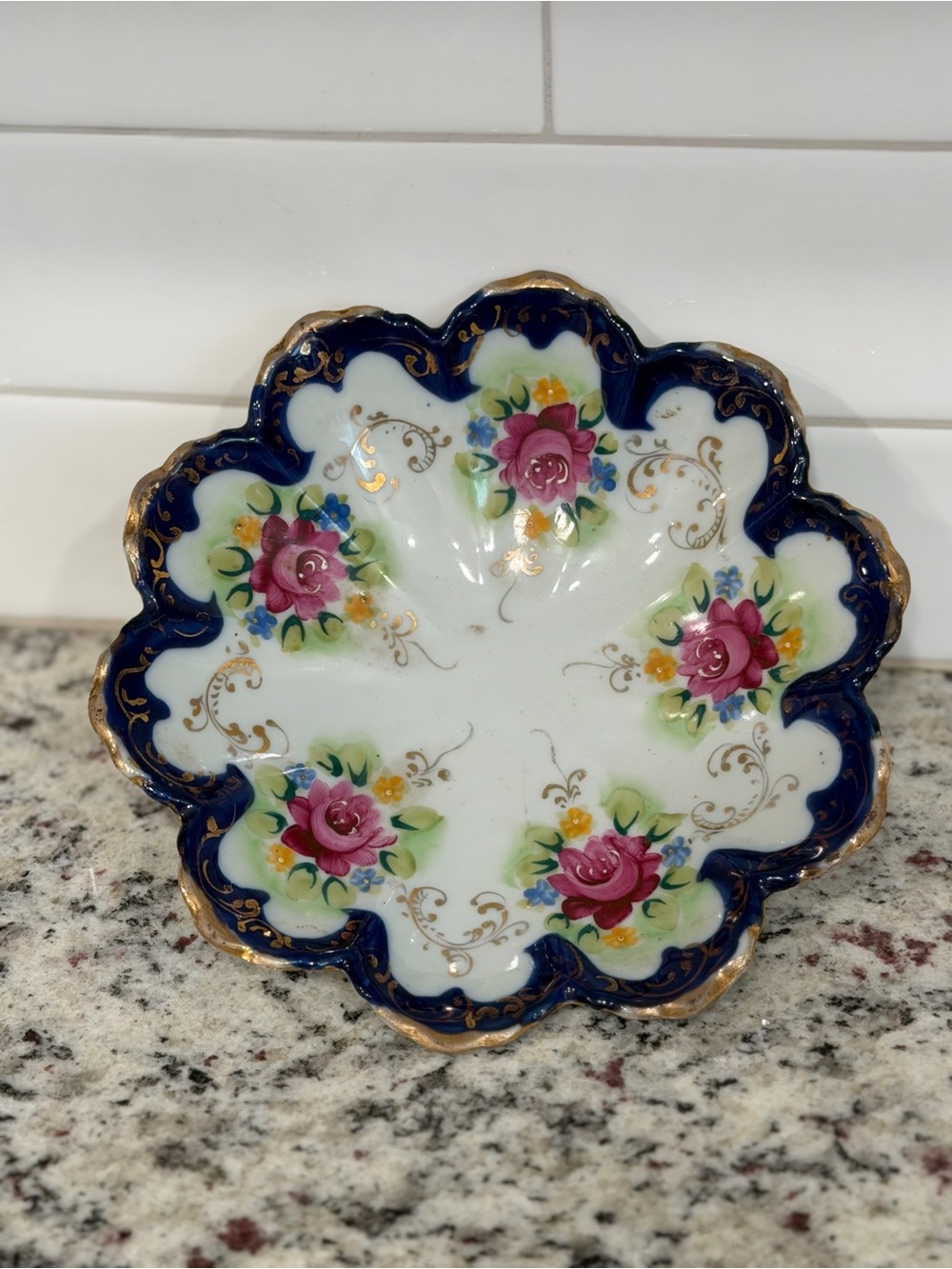 Nippon Hand-Painted Floral Scalloped Porcelain Bowl - Pink Roses & Cobalt Rim